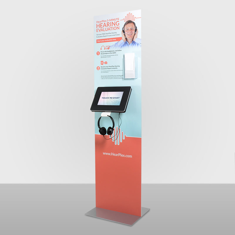 A Standalone kiosk with custom backdrop graphic panel and custom headphone hanger.