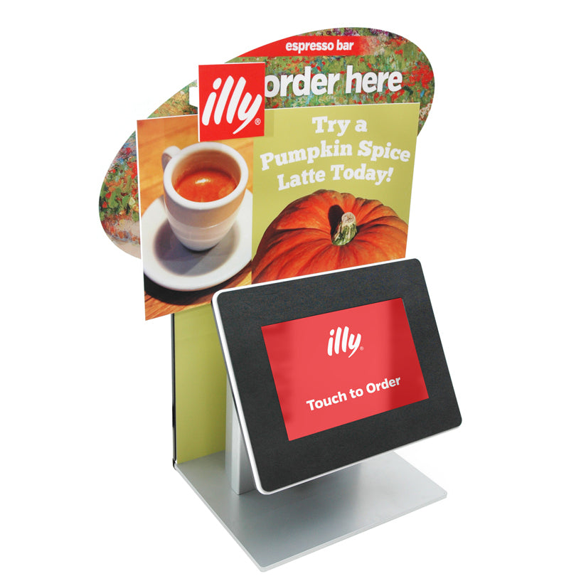 A countertop kiosk with a custom layered backdrop.