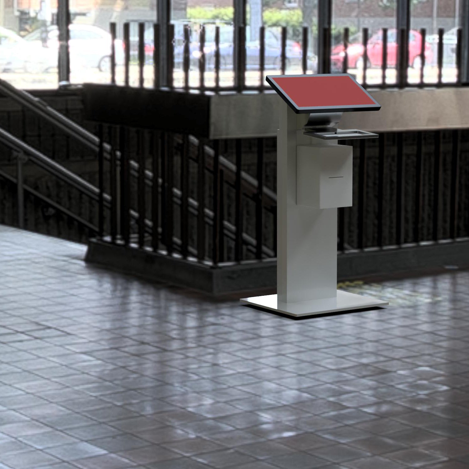 A free standing kiosk with a keyboard tray.