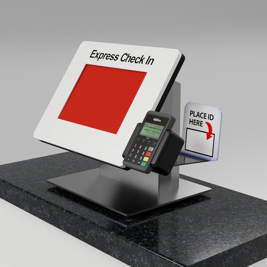 A Countertop kiosk with a card reader and ID scanner.