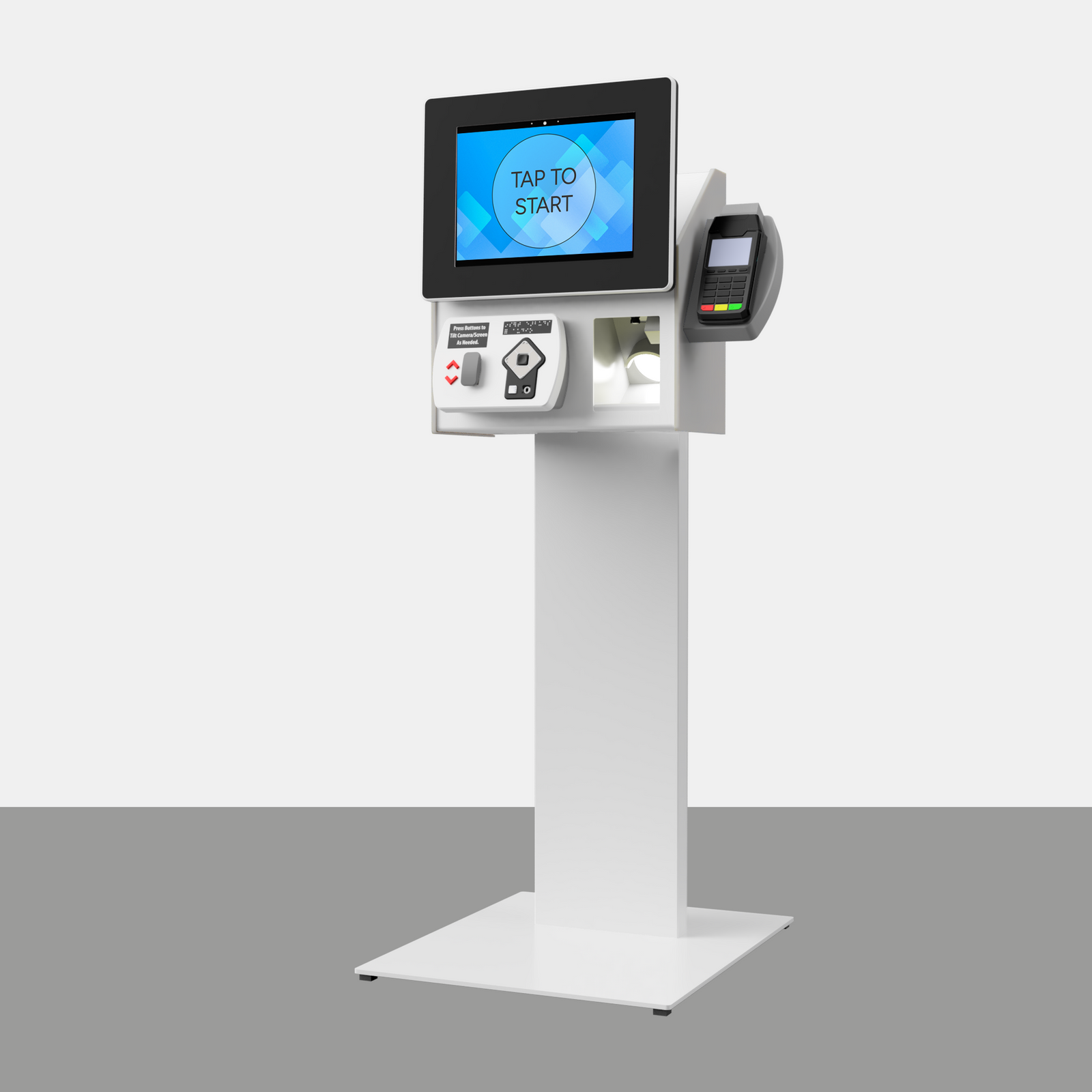 Digital kiosk with a screen displaying 'Tap to Start' on a white background