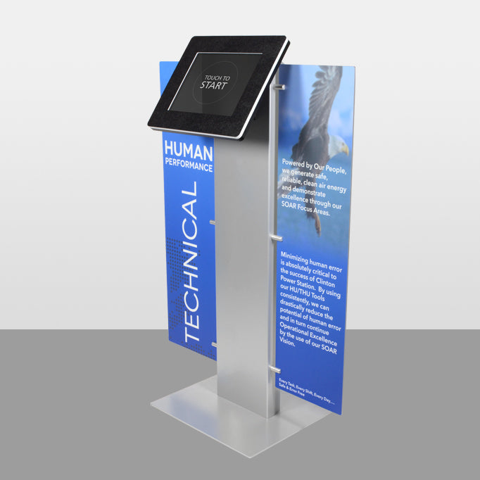 Graphic panels attach to the left and right sides of the Standalone kiosk. These provide information on how to use the kiosk and are printed with the custom branding supplied by the customer.