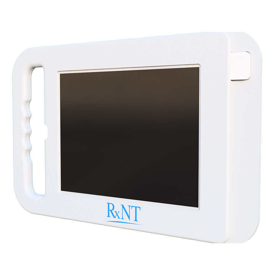 A handheld tablet enclosure with a Square card reader.