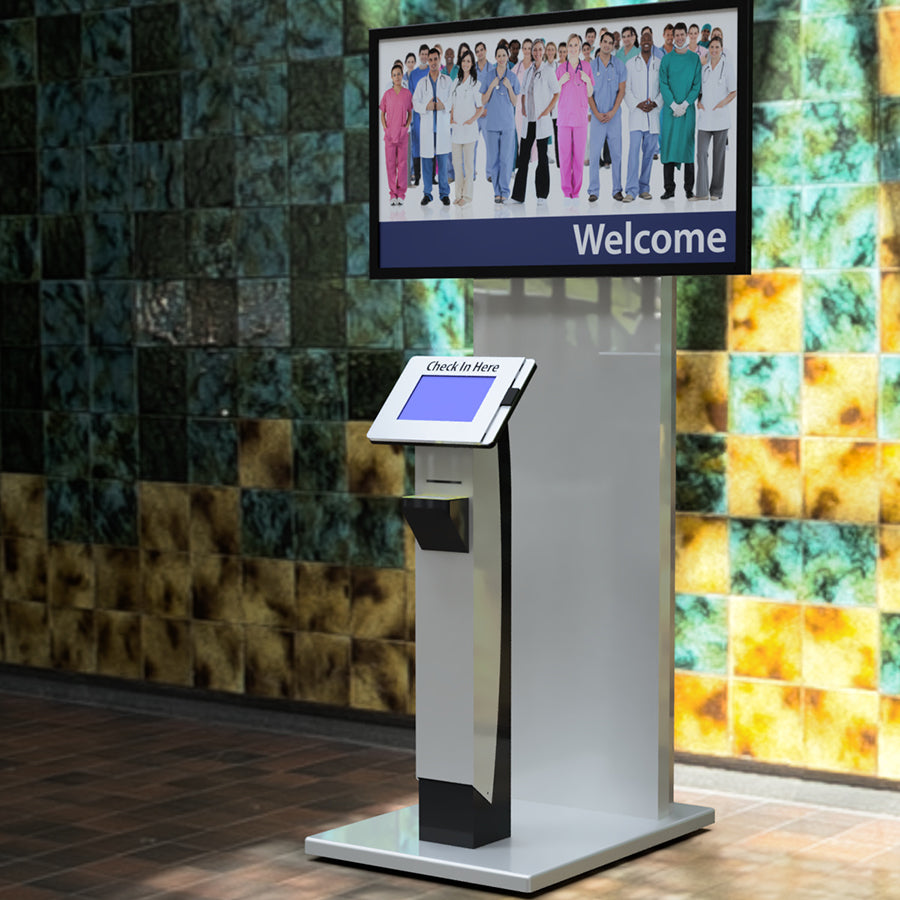 A Tower kiosk with a tray for placing IDs to scan.