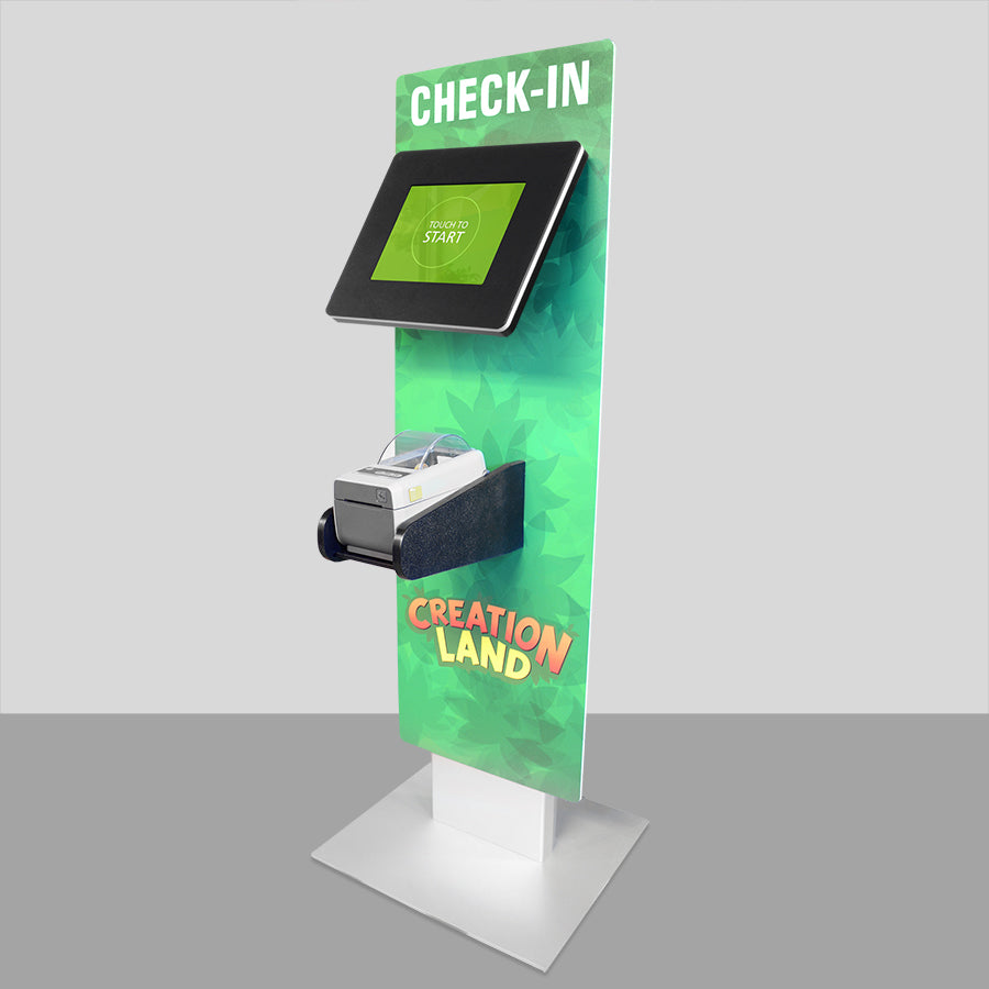A standing kiosk with a graphic panel and printer bracket.